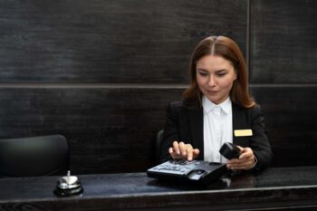 Hotel manager dialing on a telephone